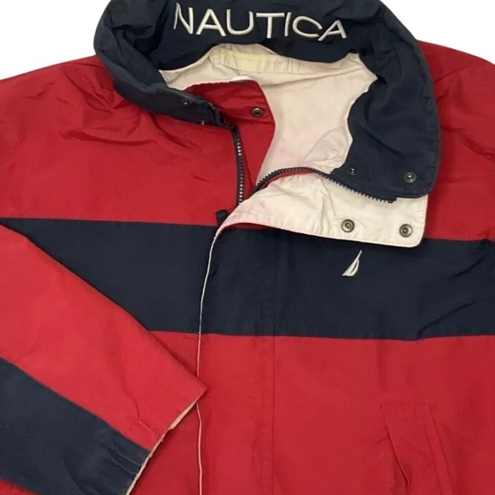 Nautica Sailing Windbreaker Jacket Mens L Red Full Zip Stow‎ Hood Y2K Vintage